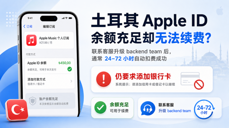 土耳其 Apple ID 余额充足但仍提示绑定银行卡 无法用余额续费 完整解决教程-Moucao